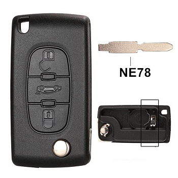 Ключ Пежо 308, 407, 408, 5008, 508 выкидной NE78 батарейка на корпусе Ключ Пежо 308, 407, 408, 5008, 508 выкидной NE78 батарейка на корпусе