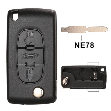 Ключ Пежо 308, 407, 408, 5008, 508 выкидной NE78 батарейка на корпусе