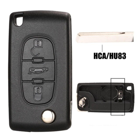 Ключ Пежо 308, 407, 408, 5008, 508 выкидной HU83 батарейка на корпусе