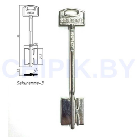 Заготовка ключа Секьюреме-3 SKM3D 95х24,2х21хØ4,3 мм