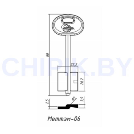 Заготовка ключа Меттэм-6 MET6DP 88-22,2-20,2 мм